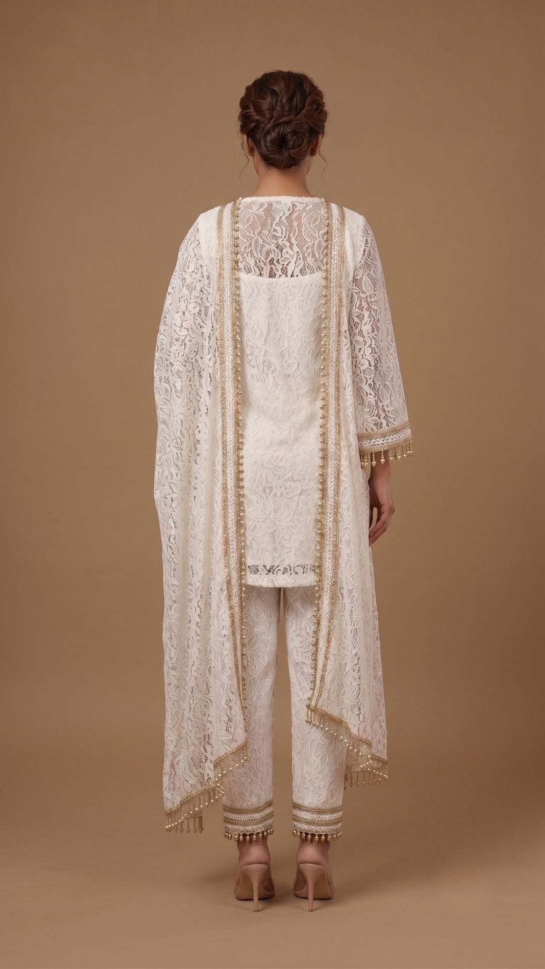 Ivory White Lace Embroidered Straight Kurta Set with Dupatta & Pant