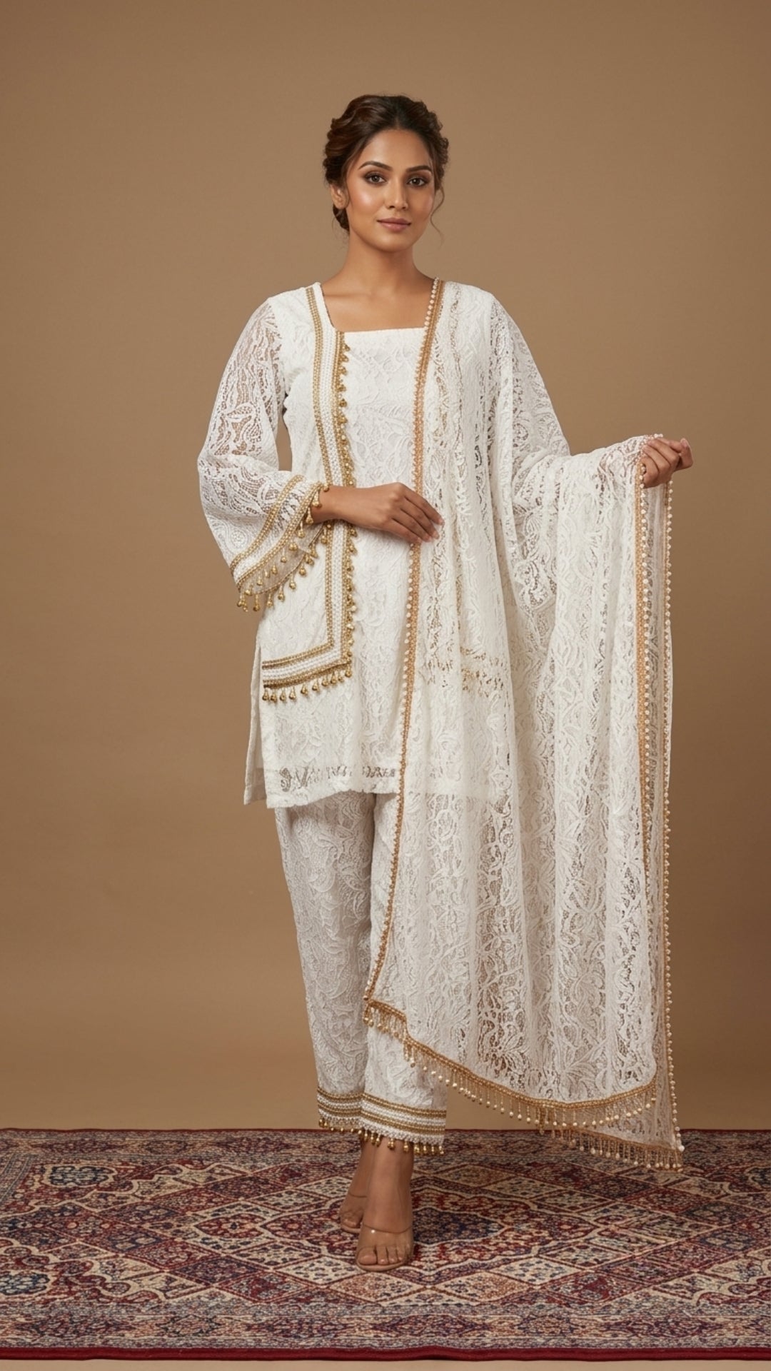 Ivory White Lace Embroidered Straight Kurta Set with Dupatta & Pant