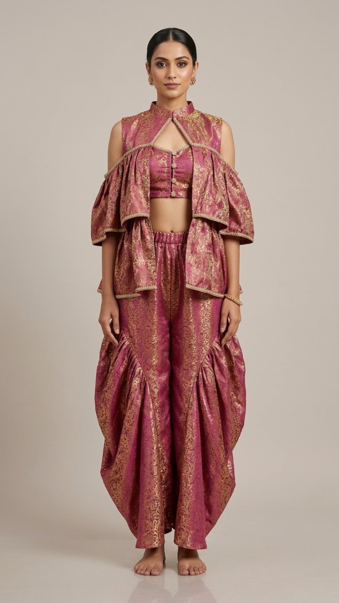 Wine Pink Brocade Peplum Top & Draped Palazzo Co-Ord Set