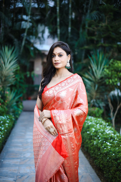 Red Orange Gulabo Banarasi Tissue Silk Zari Woven Saree