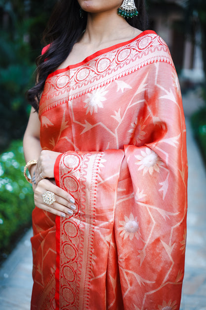 Red Orange Gulabo Banarasi Tissue Silk Zari Woven Saree