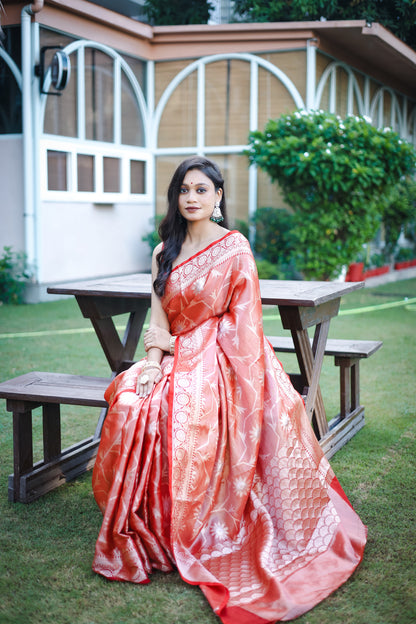 Red Orange Gulabo Banarasi Tissue Silk Zari Woven Saree