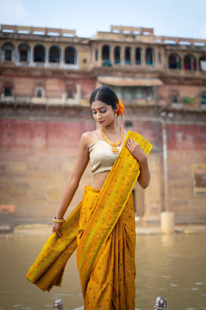 Yellow Pure Tussar Georgette Silk Banarasi Handloom Saree