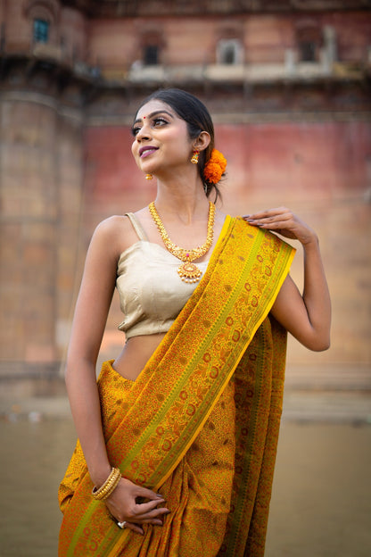 Yellow Pure Tussar Georgette Silk Banarasi Handloom Saree
