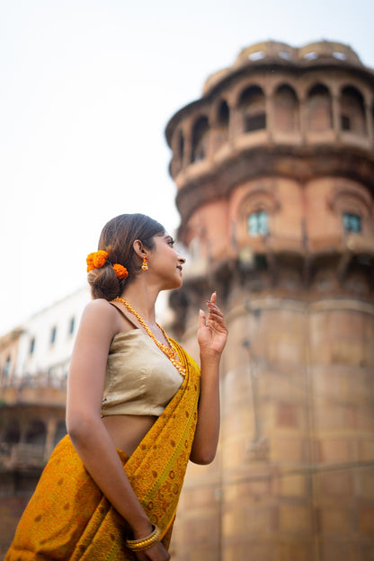 Yellow Pure Tussar Georgette Silk Banarasi Handloom Saree