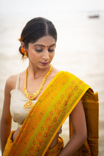 Yellow Pure Tussar Georgette Silk Banarasi Handloom Saree