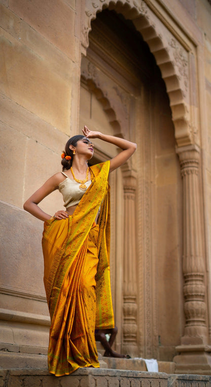 Yellow Pure Tussar Georgette Silk Banarasi Handloom Saree