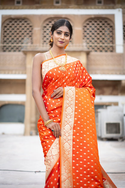 Tango Red Woven Banarasi Brocade Festive Saree