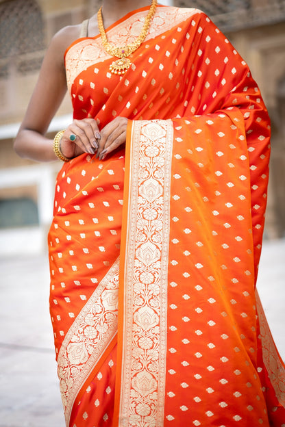 Tango Red Woven Banarasi Brocade Festive Saree