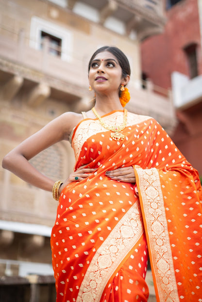 Tango Red Woven Banarasi Brocade Festive Saree