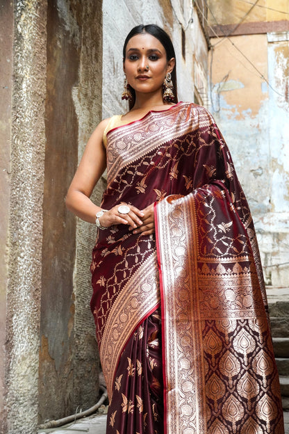 Royal Durga Shakti Banarasi Saree – Sindoor Maroon with Silver Zari