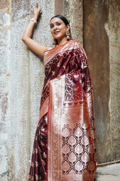 Royal Durga Shakti Banarasi Saree – Sindoor Maroon with Silver Zari