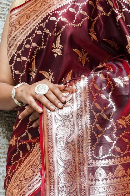 Royal Durga Shakti Banarasi Saree – Sindoor Maroon with Silver Zari