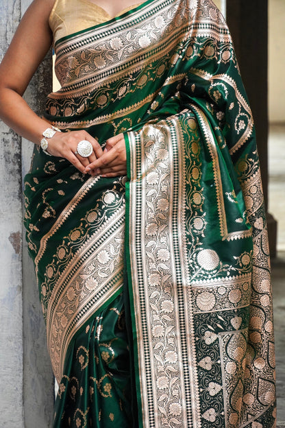 Emerald Grace – Royal Green Banarasi Saree with Elegant Silver Border