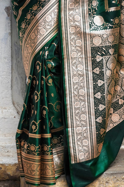Emerald Grace – Royal Green Banarasi Saree with Elegant Silver Border