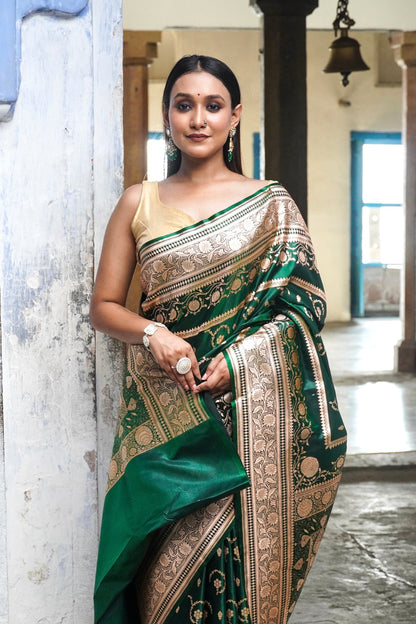 Emerald Grace – Royal Green Banarasi Saree with Elegant Silver Border