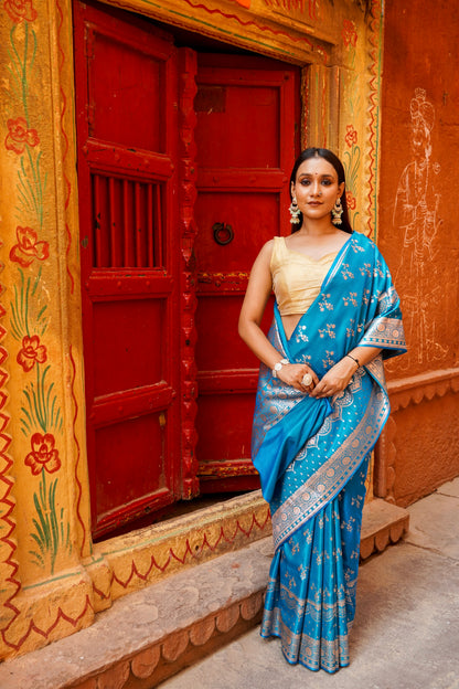 Royal Sky Blue – Floral Zari Embroidered Saree Elegance
