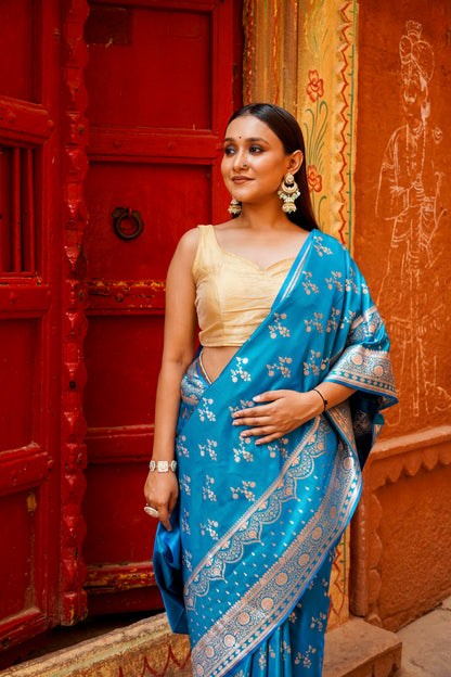 Royal Sky Blue – Floral Zari Embroidered Saree Elegance