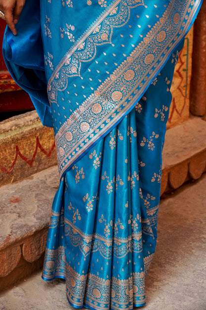 Royal Sky Blue – Floral Zari Embroidered Saree Elegance
