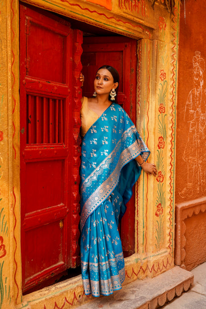 Royal Sky Blue – Floral Zari Embroidered Saree Elegance