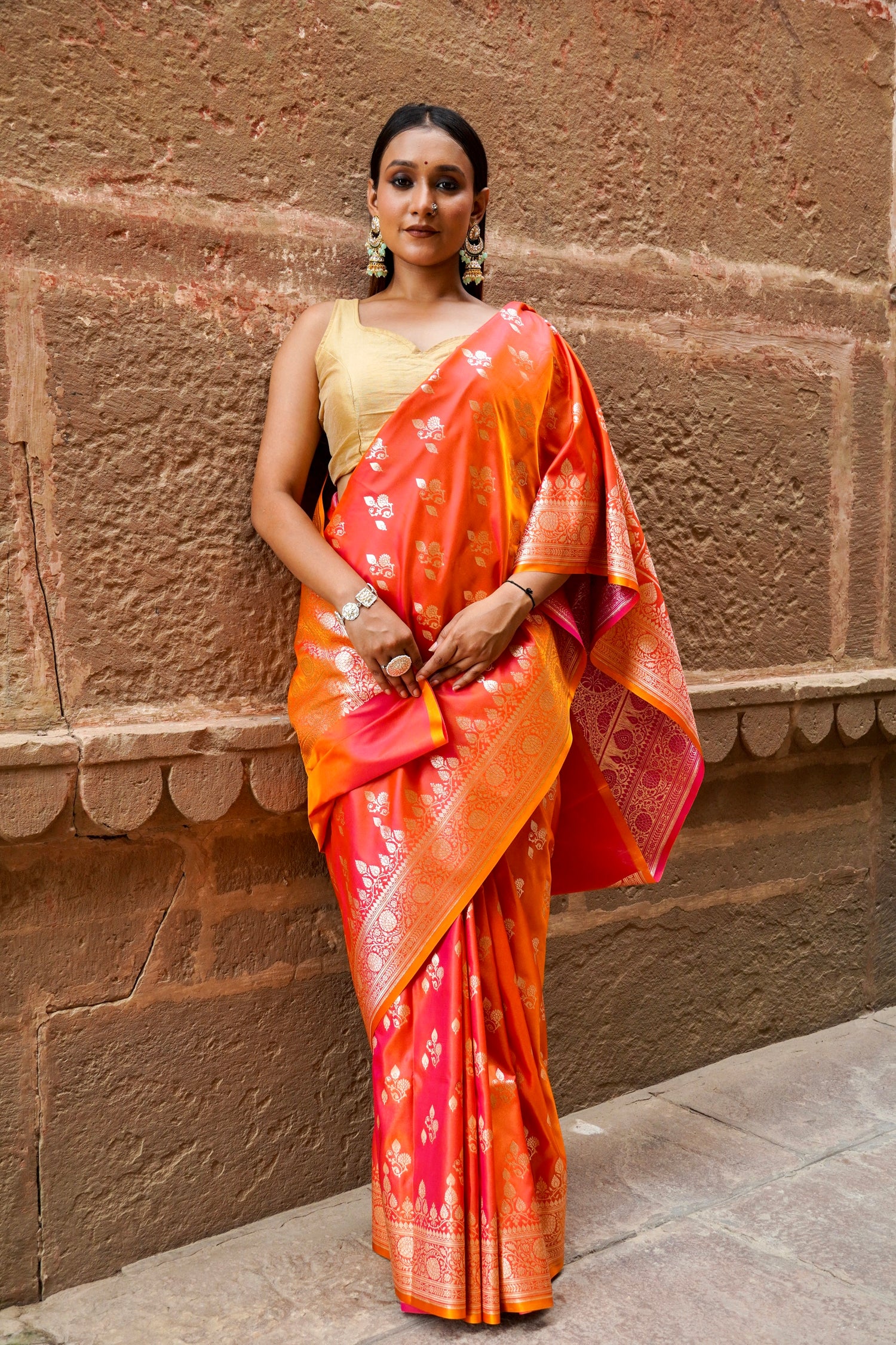 Vibrant Harmony – Red & Orange Contrast Banarasi Saree with Ethnic Woven Motifs