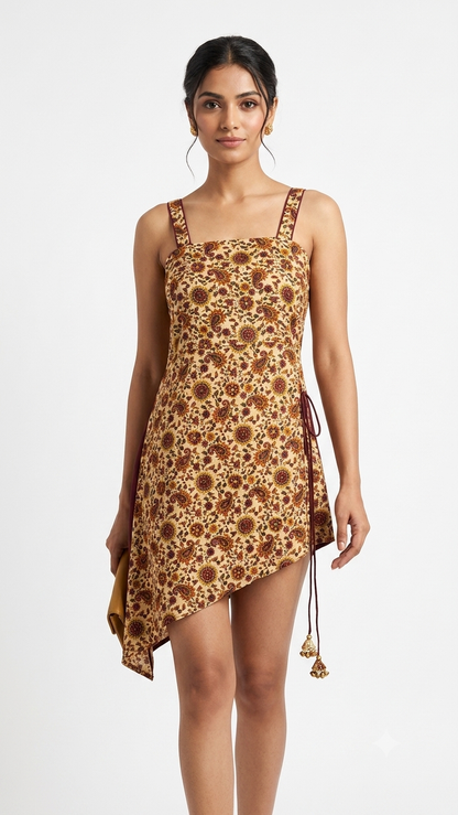 A woman modeling a sleeveless asymmetrical mini dress with a brown and beige floral sunflower pattern, featuring tie details at the side and a small gold clutch, set against a plain white background.