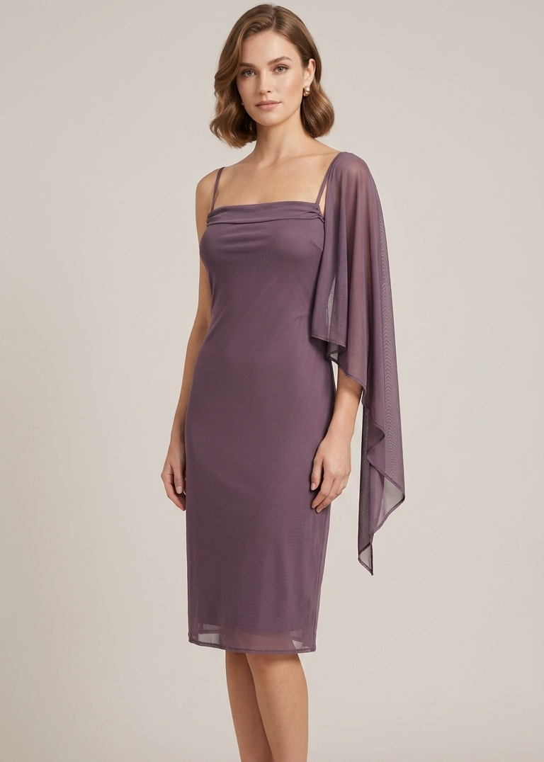 A woman models a knee-length mauve dress with a draped chiffon capelet over one shoulder, paired with nude high-heeled sandals, against a solid light beige studio background.