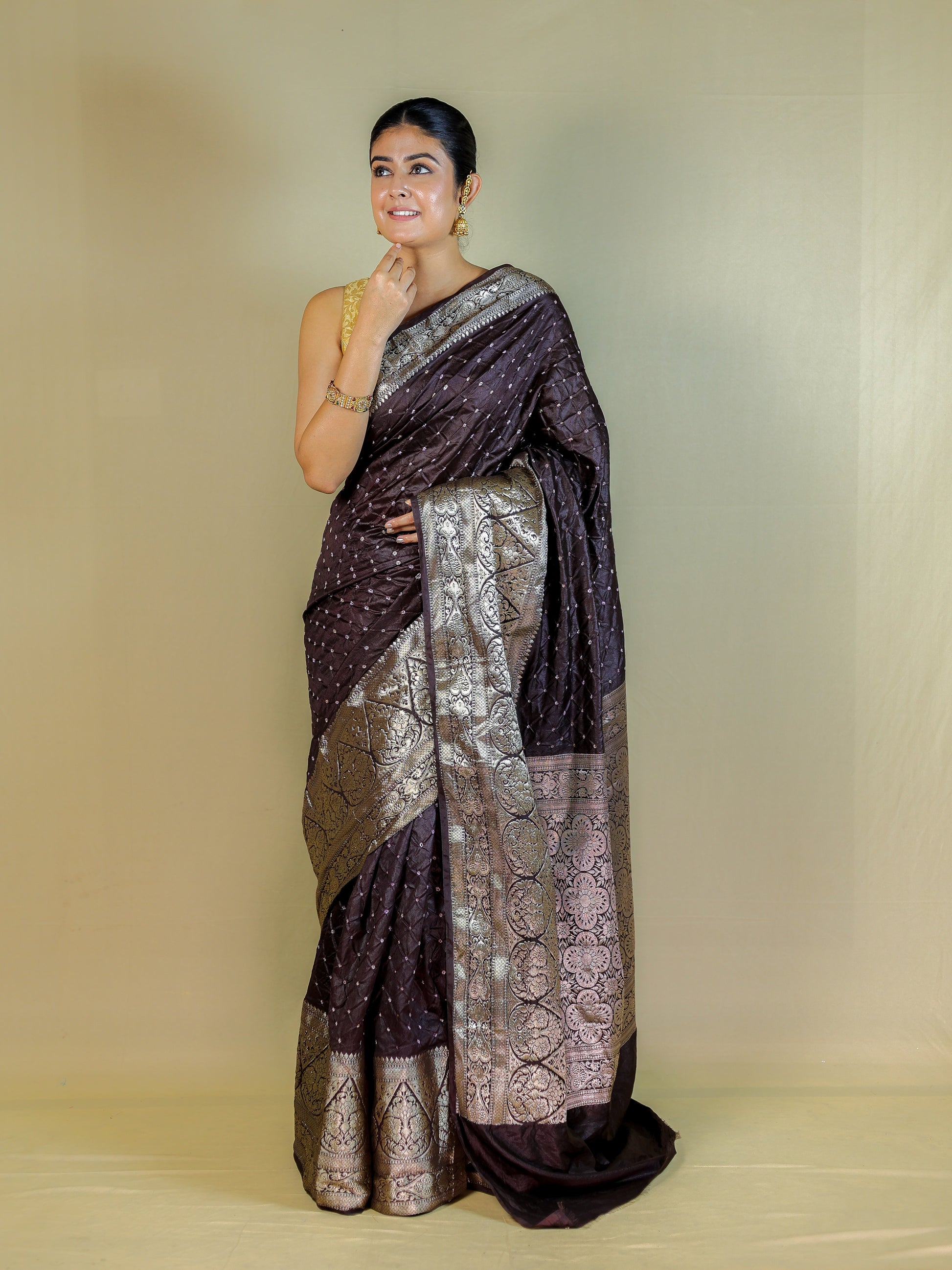 Designer Bandhani Banarasi Silk Saree with Rich Zari Border & Blouse Piece