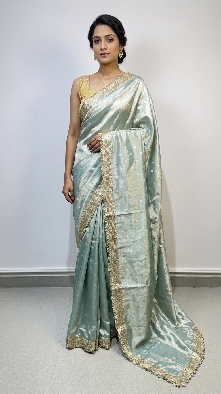 Pastel Mint Blue Tissue Silk Saree with Gold Lace Border