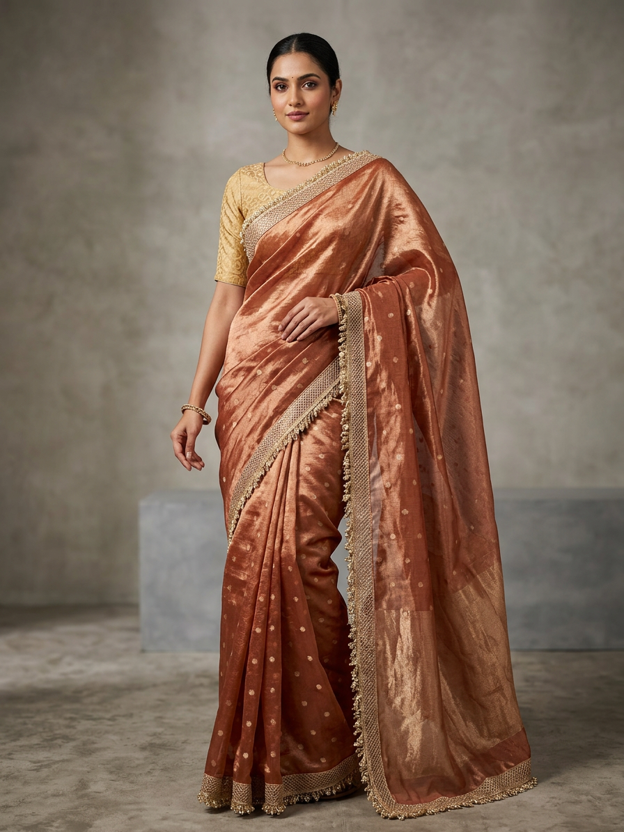 Orange Tissue Saree with Lace Border