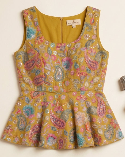 Floral Sequin Peplum Top in Mustard
