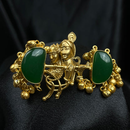 Elegant Gold  Plated Radha Krishna Ring with baby pink Jade Stones