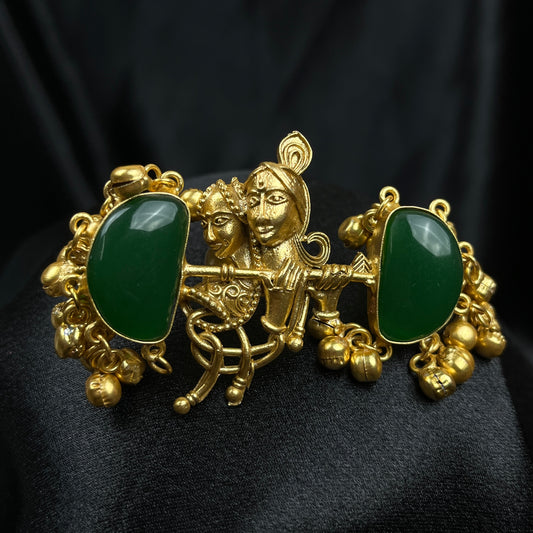 Elegant Gold  Plated Radha Krishna Ring with baby pink Jade Stones