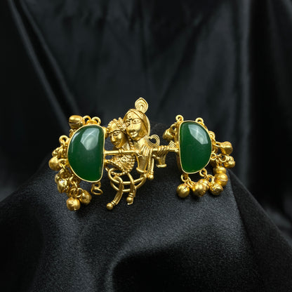 Elegant Gold  Plated Radha Krishna Ring with baby pink Jade Stones