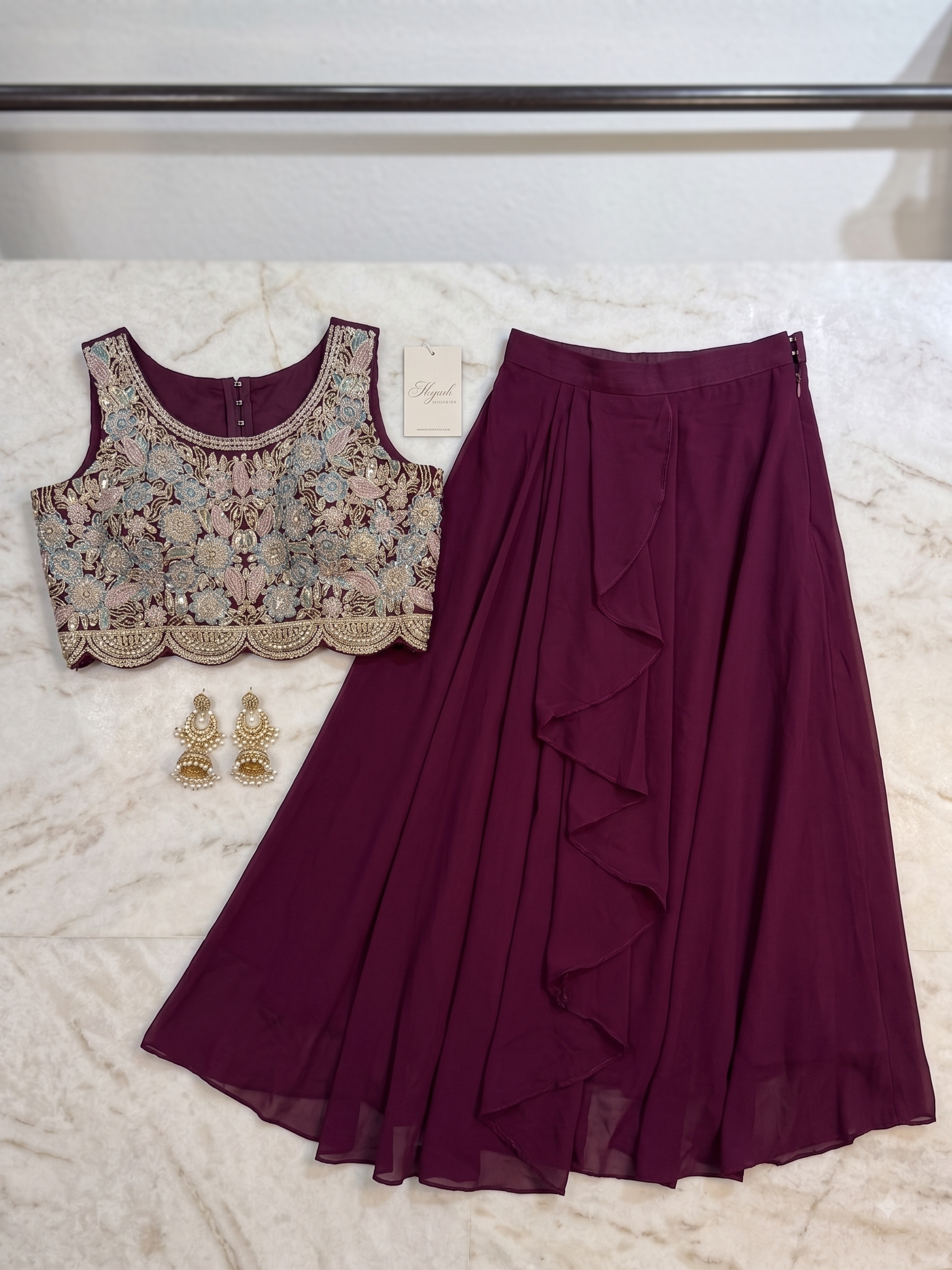 Wine Scalloped Cape Set Embroidered Crop Top & Drape Skirt