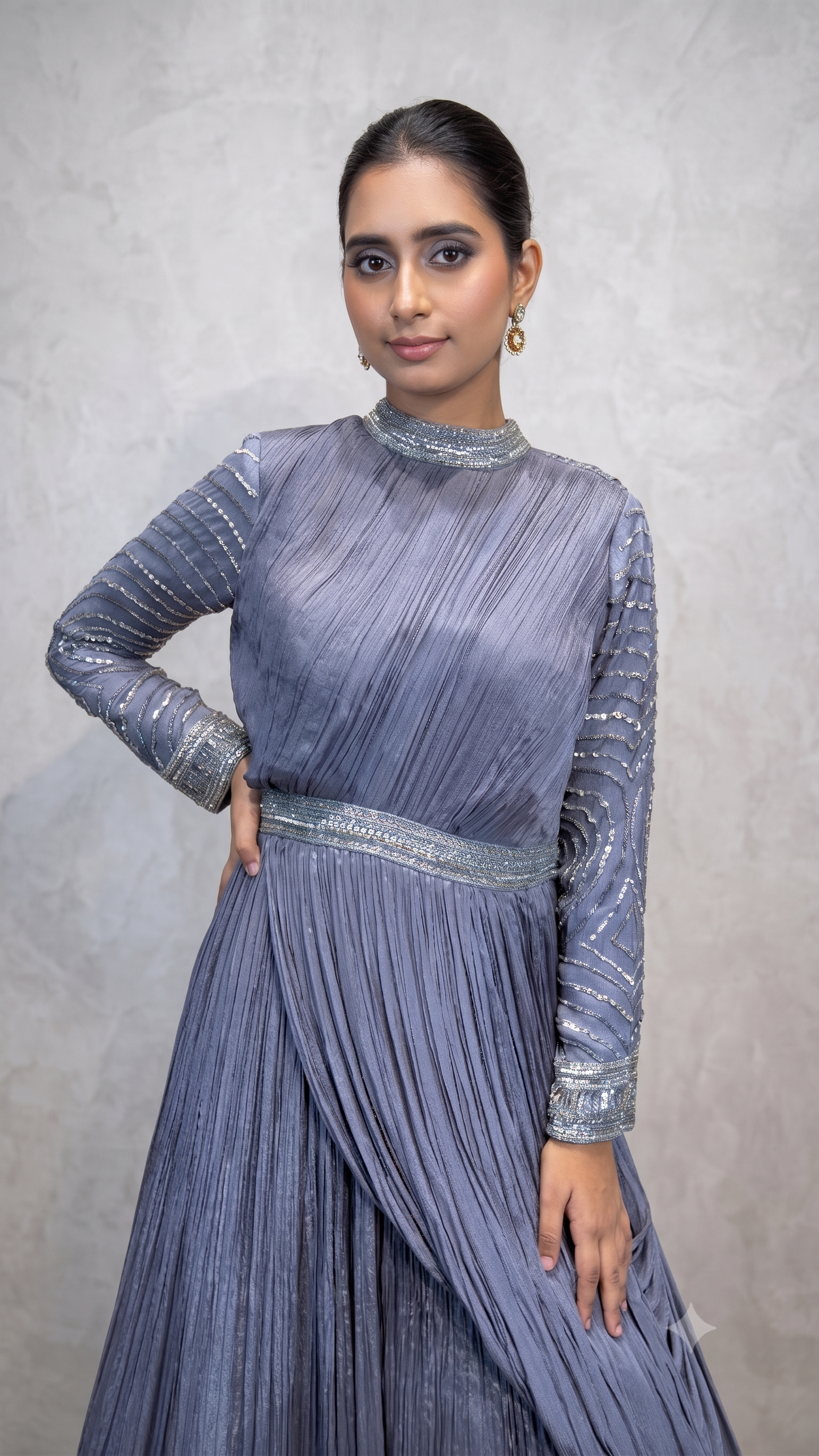 Steel Grey Embellished Asymmetrical Draped Anarkali Gown