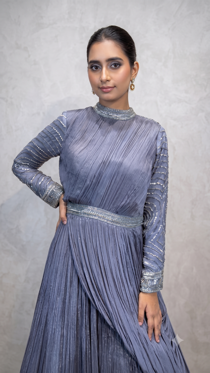 Steel Grey Embellished Asymmetrical Draped Anarkali Gown