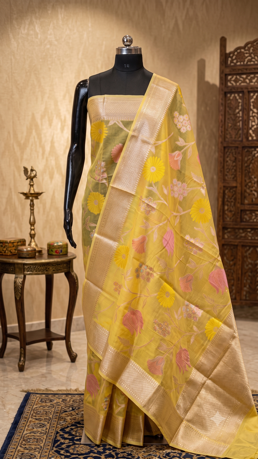Yellow Floral Kora Silk - Premium Weave