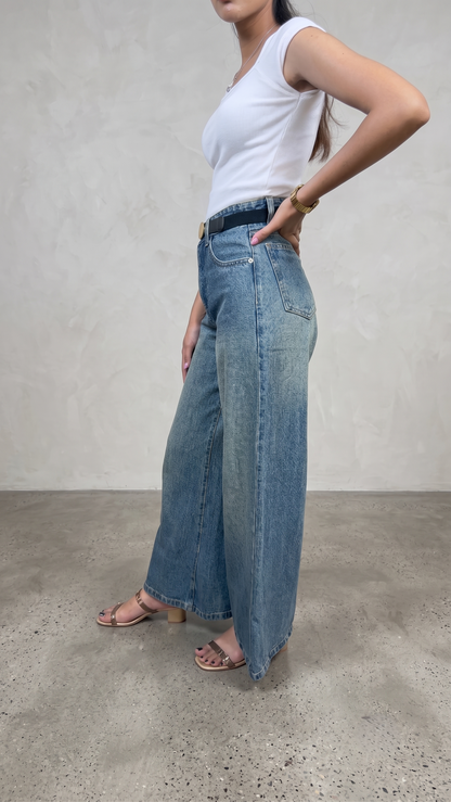 BanaraShe  Blue High-Waist Wide-Leg Washed Denim Jeans