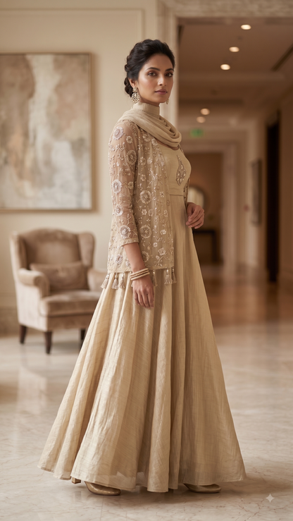 Golden Tissue Flared Gown with Tassel Shrug