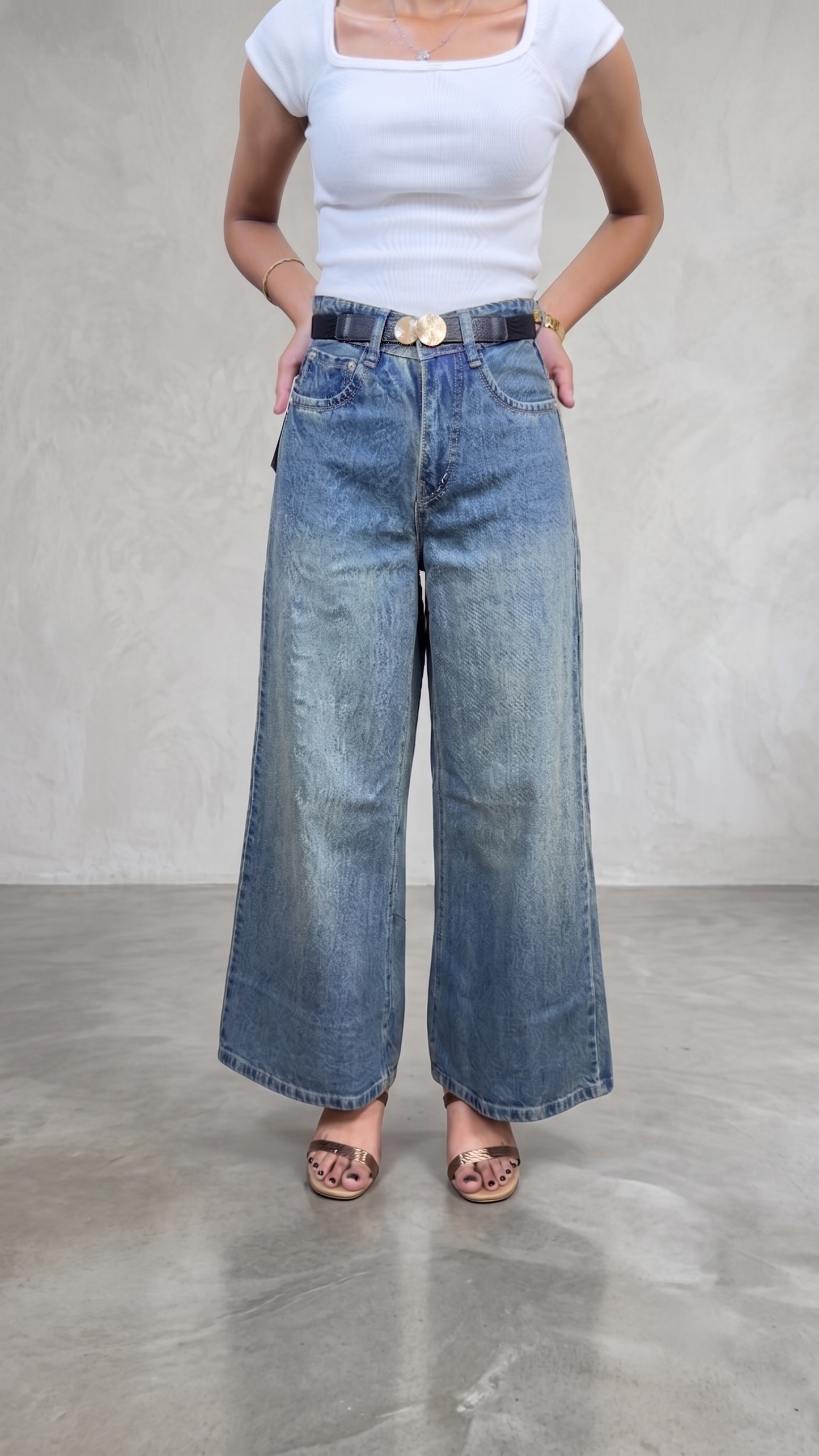 BanaraShe  Blue High-Waist Wide-Leg Washed Denim Jeans