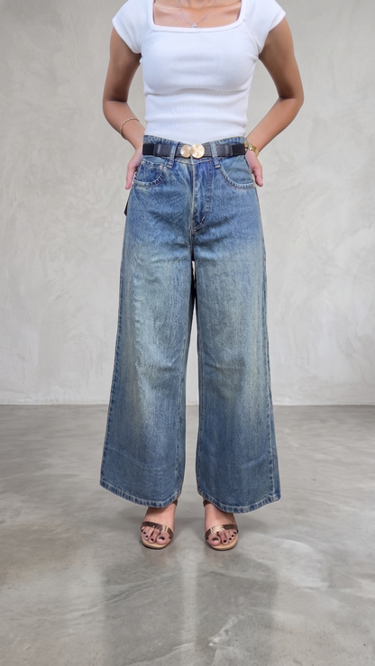 BanaraShe  Blue High-Waist Wide-Leg Washed Denim Jeans