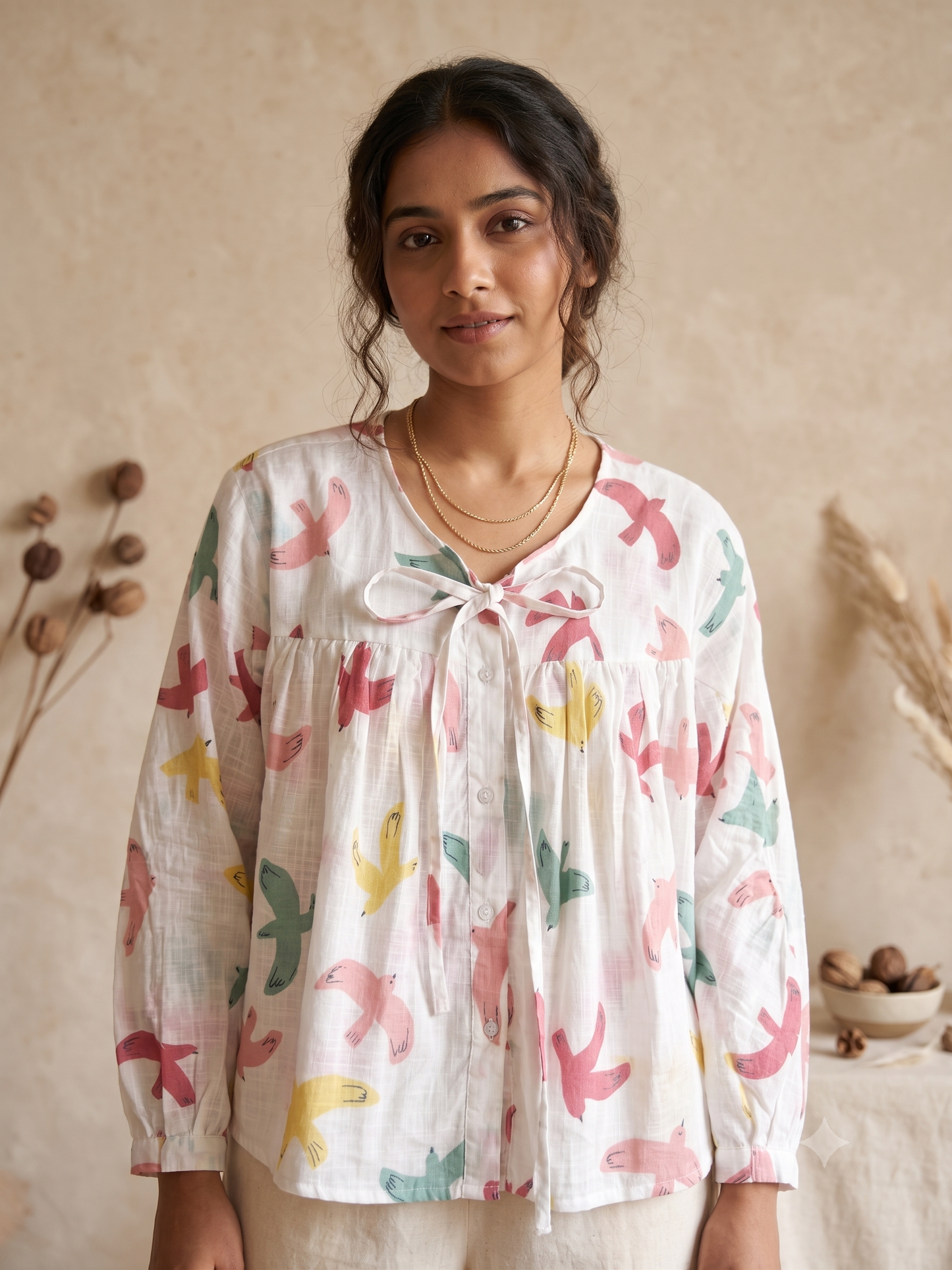 Printed Peasant Top with Tie Up Neck  White