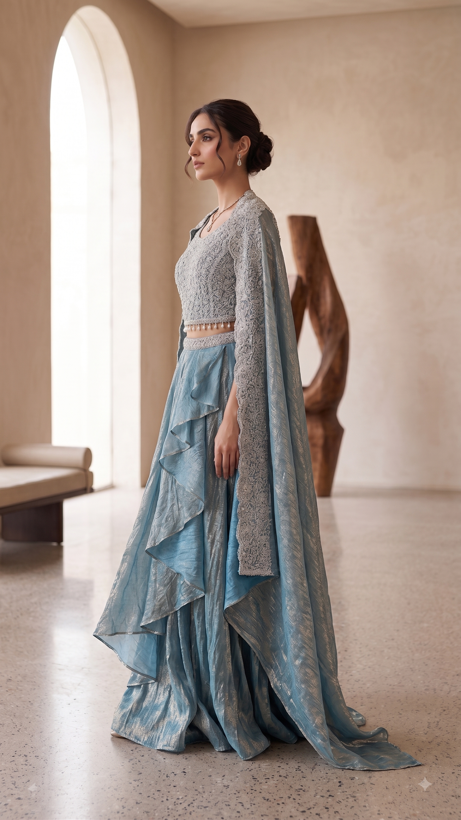 Shimmer Blue 3 Piece Skirt Set with Pearl-Drop Cape