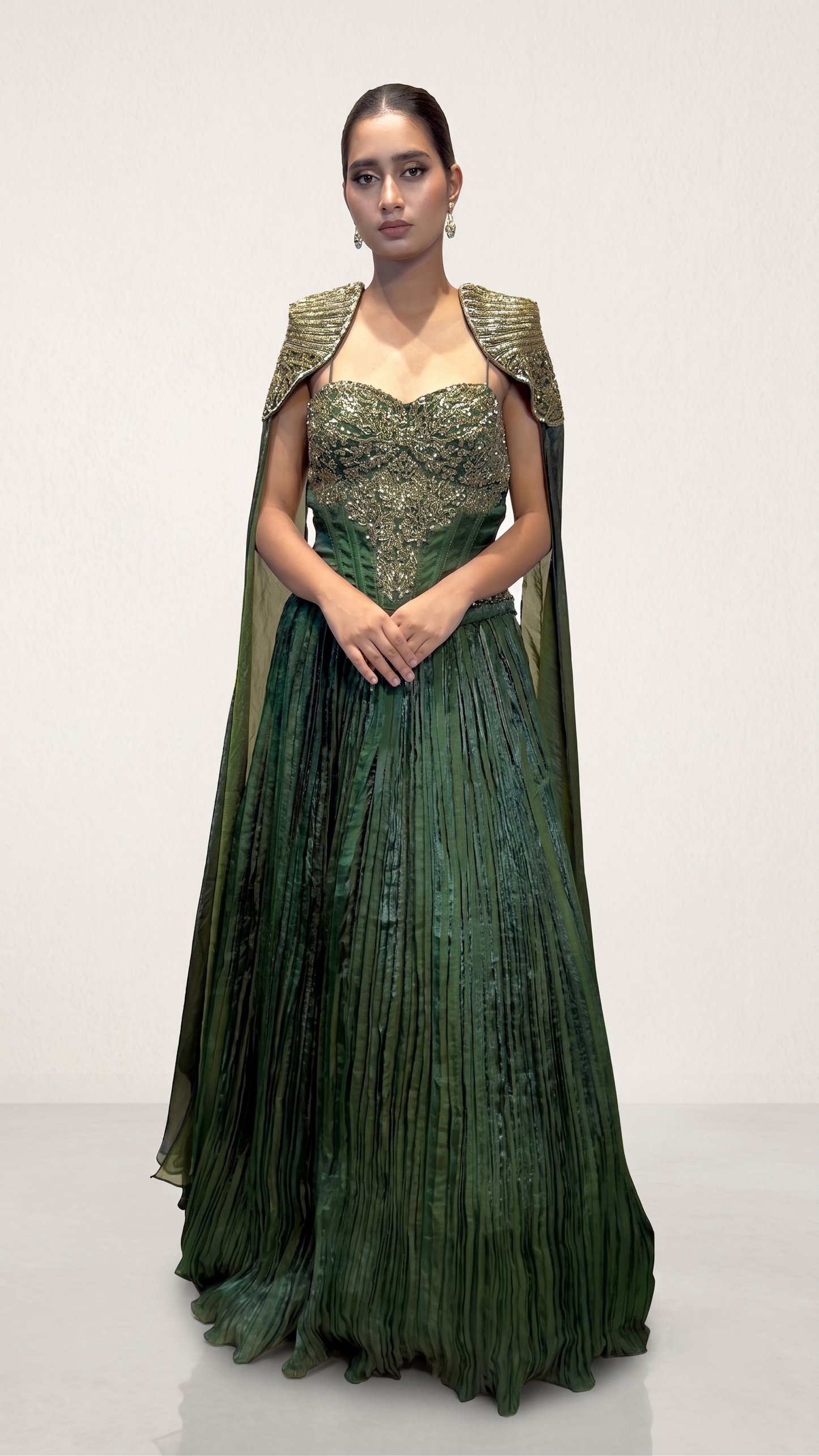 The Royal Emerald Corset Gown with Embellished Cape