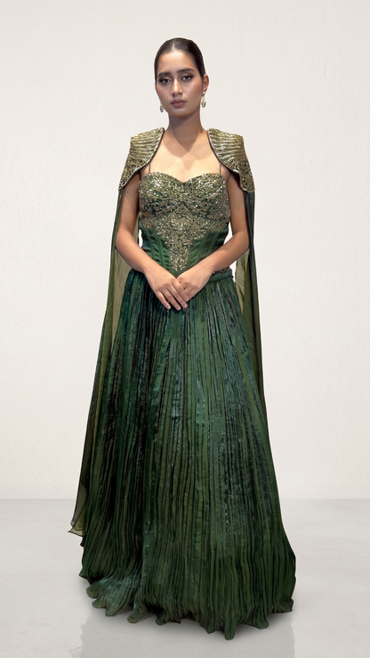 The Royal Emerald Corset Gown with Embellished Cape