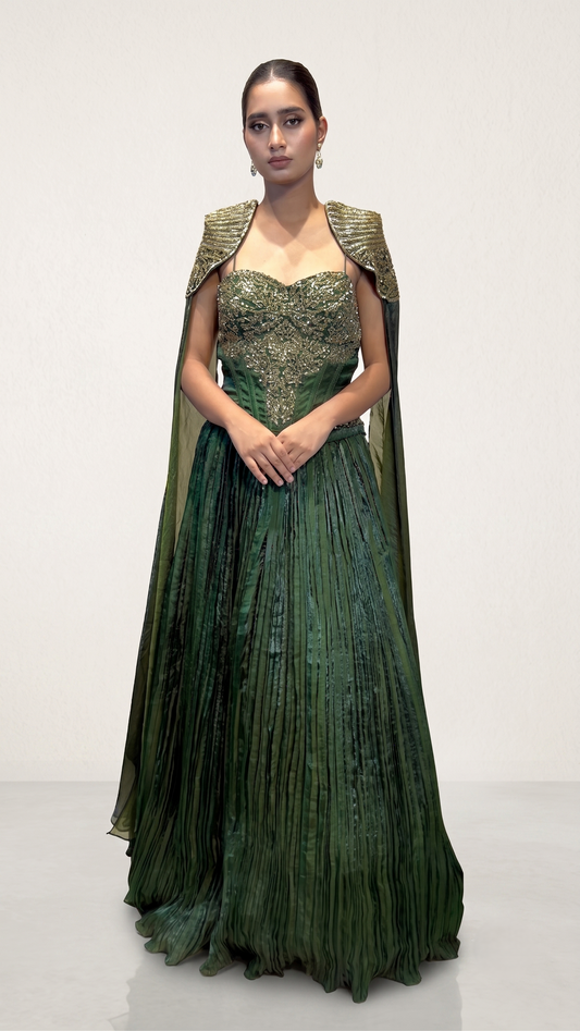 The Royal Emerald Corset Gown with Embellished Cape