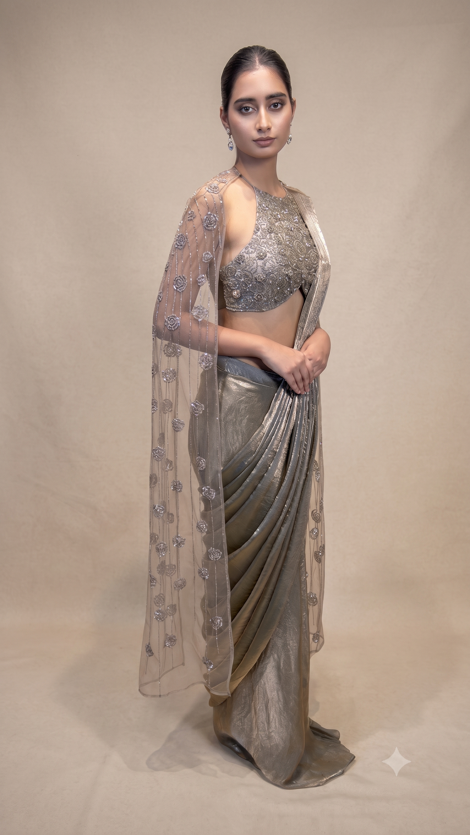 Olive Grey Embellished Pre‑Draped Saree with Cape