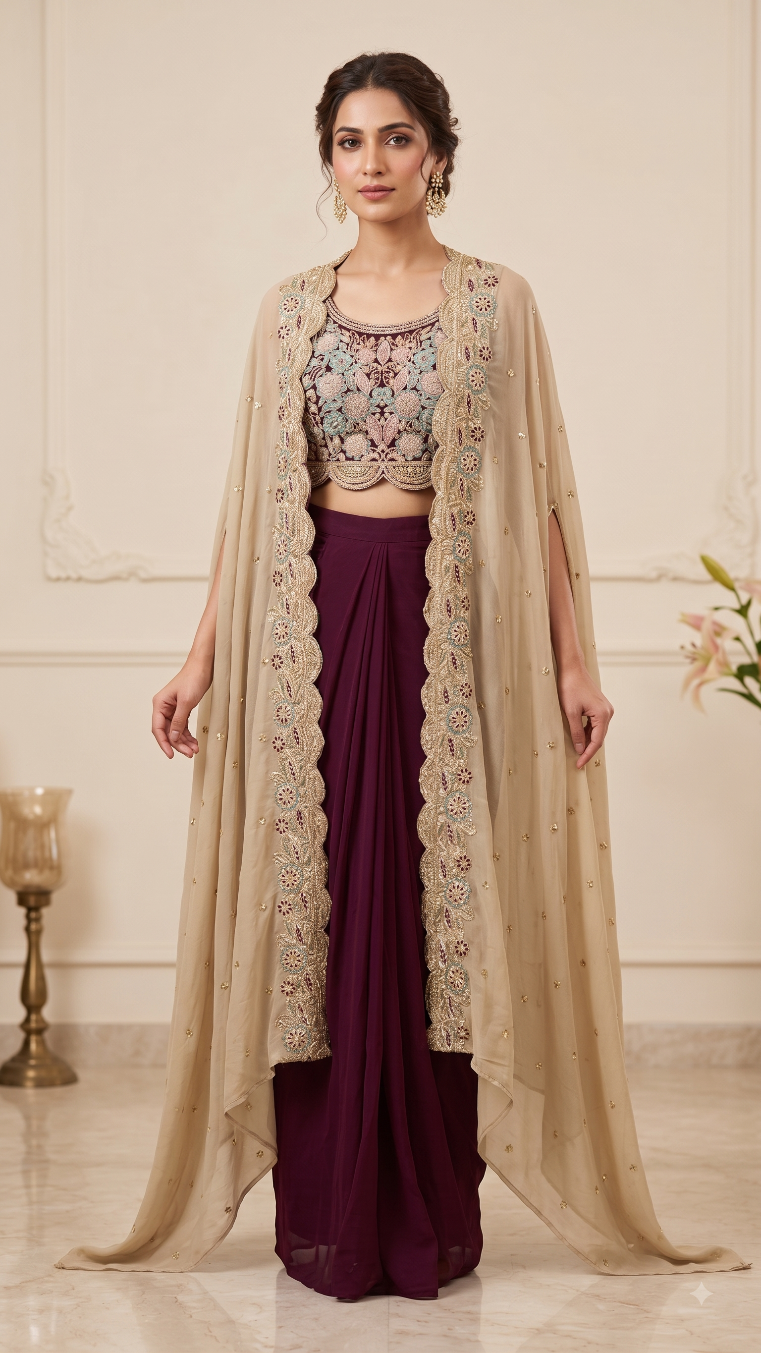 Wine Scalloped Cape Set Embroidered Crop Top & Drape Skirt