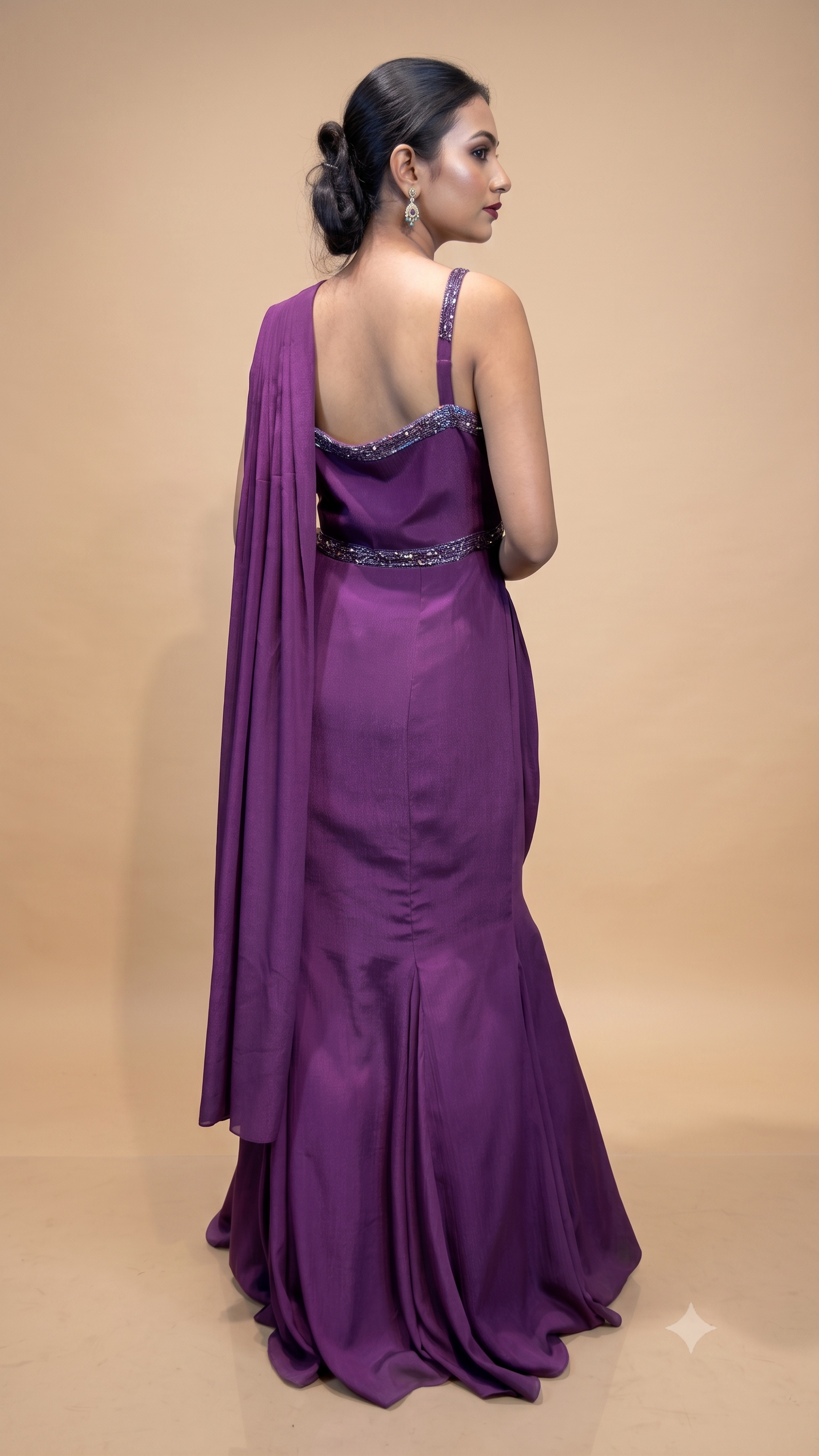 Plum Embellished Draped Saree Gown